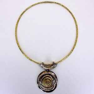 Norma Jean Collar Necklace Mixed Metal Hammered Spiral Pendant Gold Tone